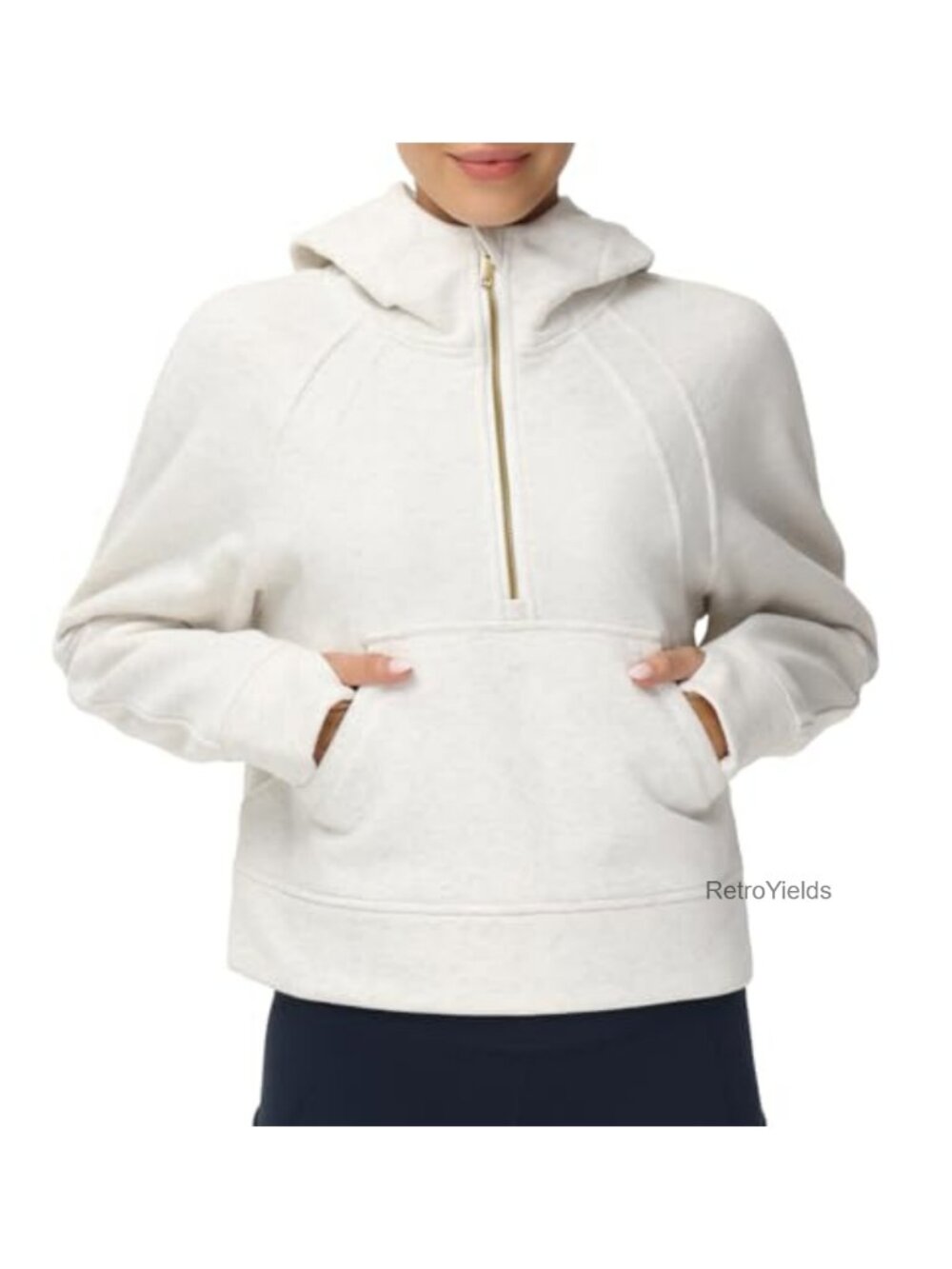 Half Zip Fleece Crop Pullover Sweatshirt with Thumb Holes & Kangaroo Pocket